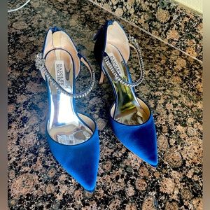 Badgley Mischka Valerie Rhinestone Strap Satin Pumps In Navy